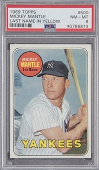 1969 Topps #500 Mickey Mantle, Yellow Letters – PSA NM-MT 8